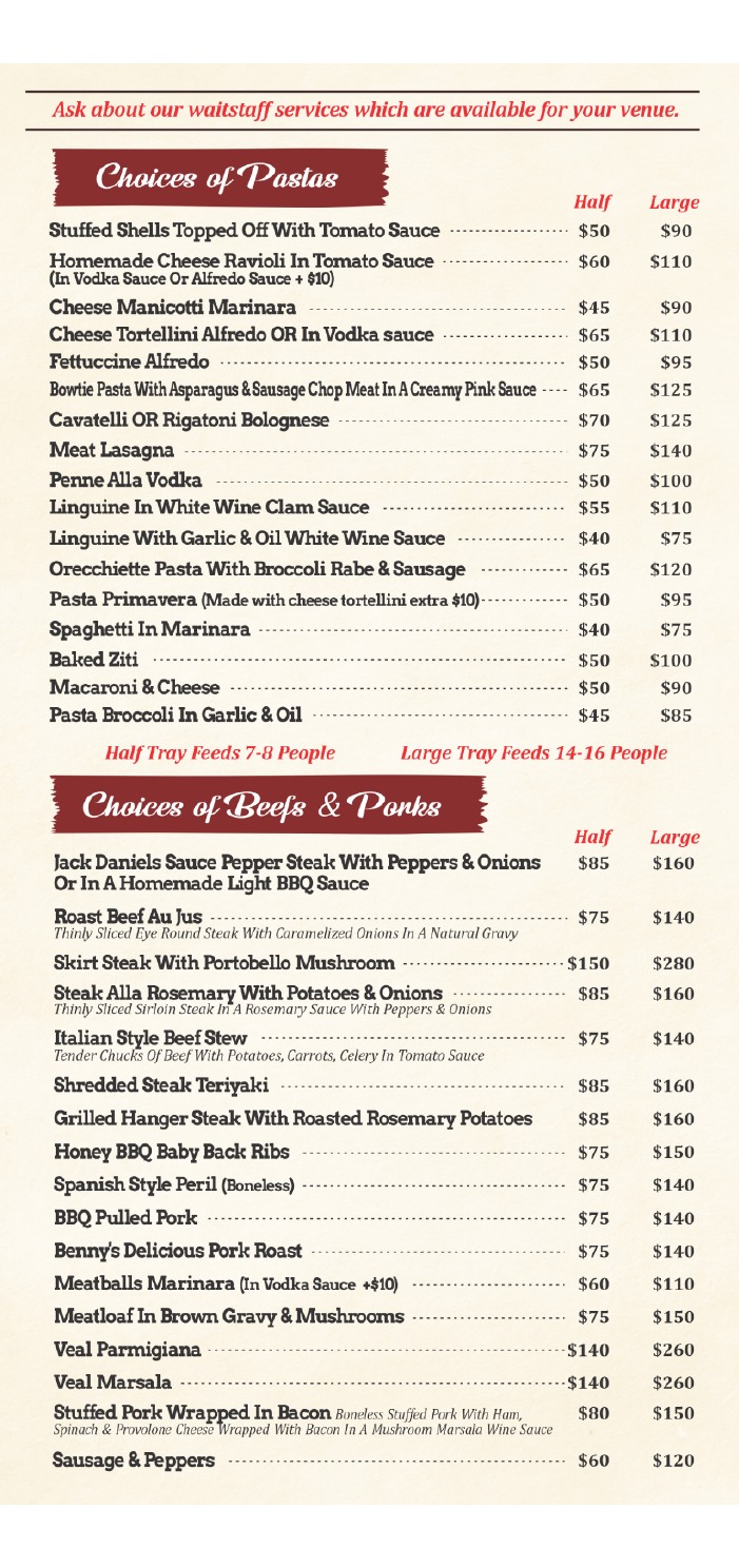Pasta, beef and pork catering menu