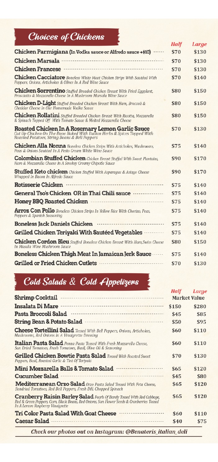 Chicken and cold salad catering menu