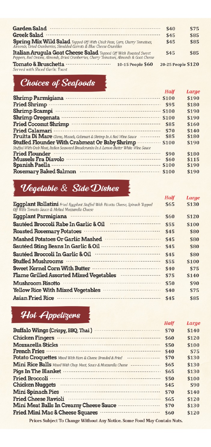 Seafood, vegetable, side dish and hot appetizer catering menu