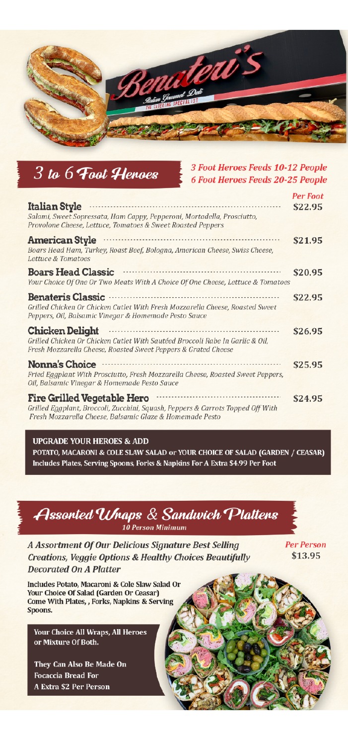 Three to six foot heroes and assorted sandwich platter catering menu
