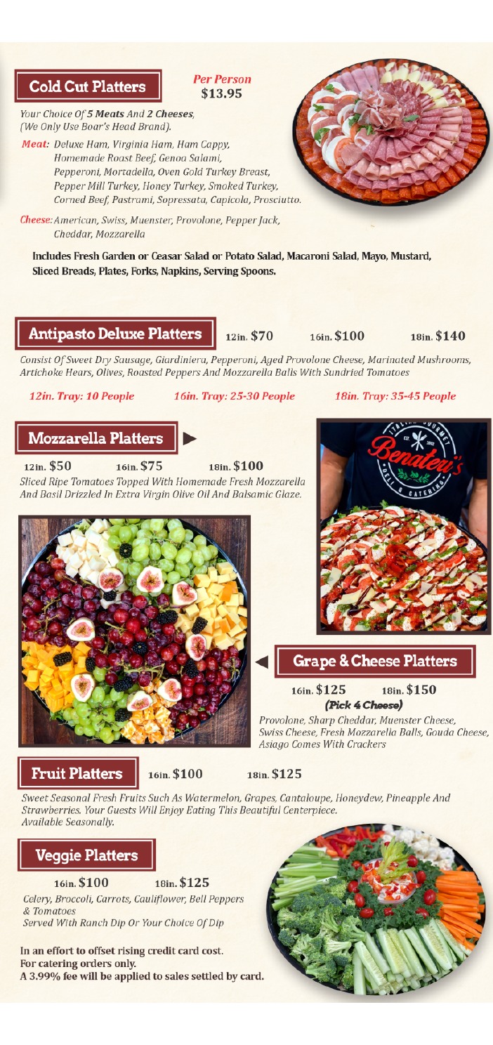 Cold cut, antipasto, mozzarella, fruit and vegetable platter catering menu